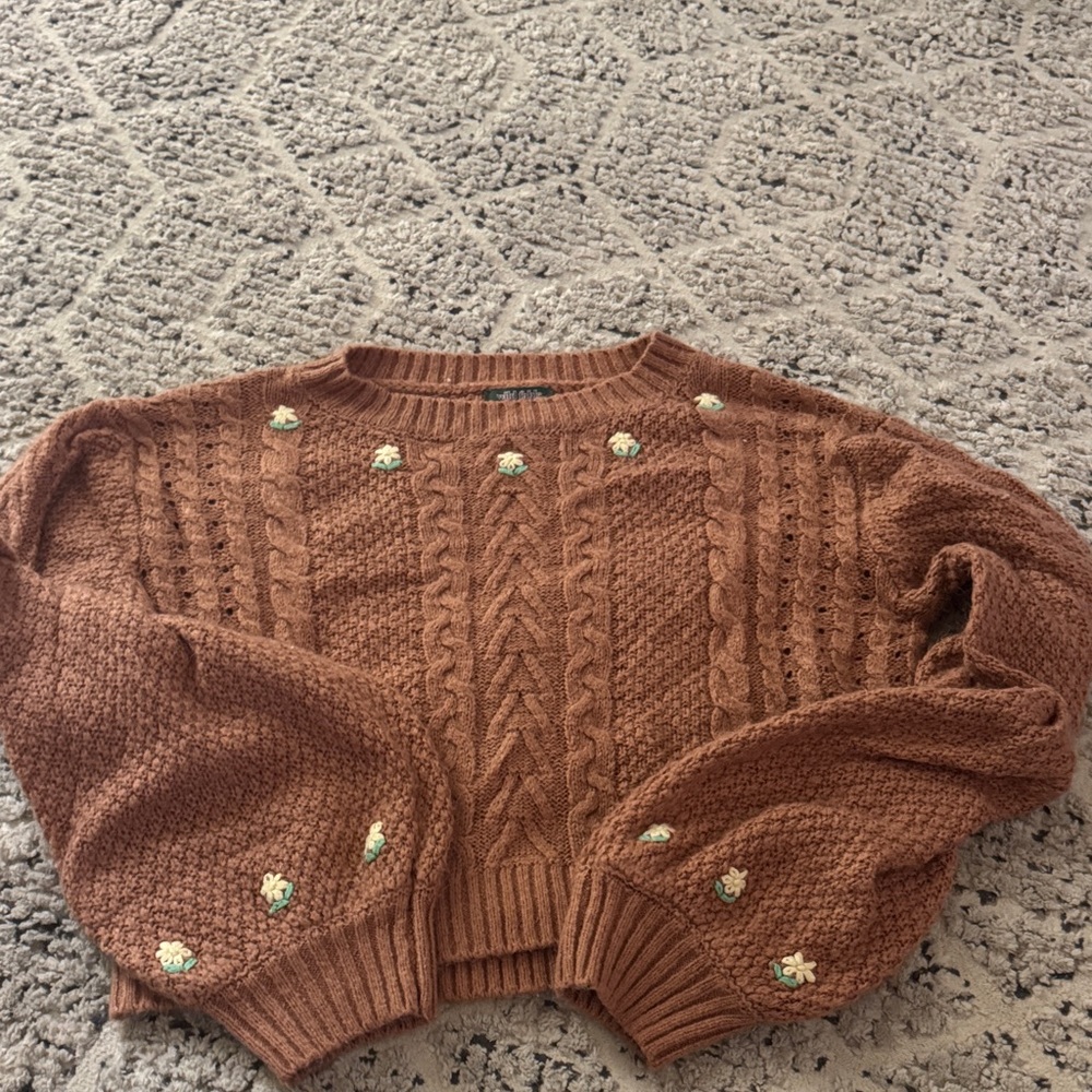 pink/orange Sweater with Floral Accents